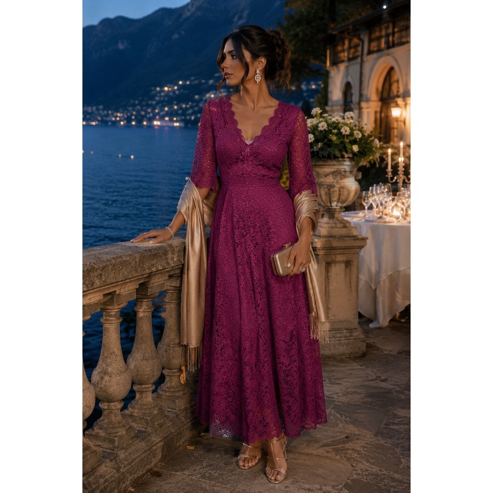 JS Collections Magenta Pink Corded Lace V-Neck 3/4 Sleeve Formal Gown Dress 10